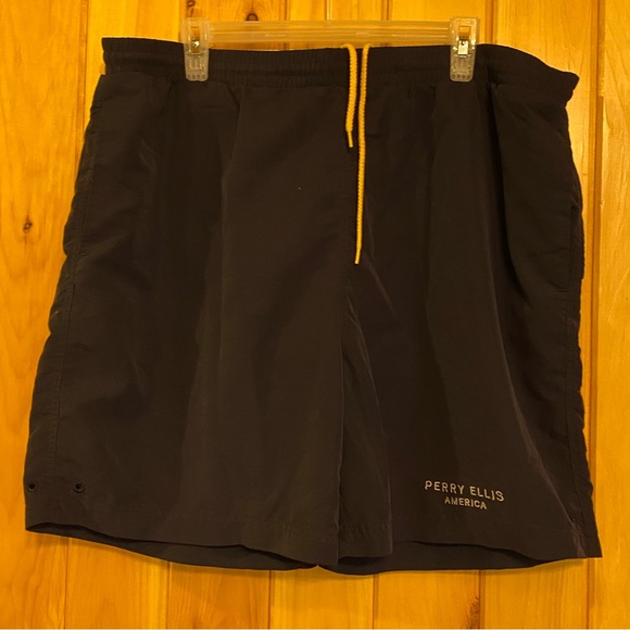 Perry Ellis America Active Men’s Navy and Yellow Swim Trunks - Picture 2 of 8